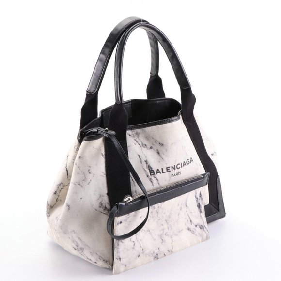 BALENCIAGA Navy Cabas Small Black White Marble Print Tote Bag with Zip Pouch - Picture 2 of 10